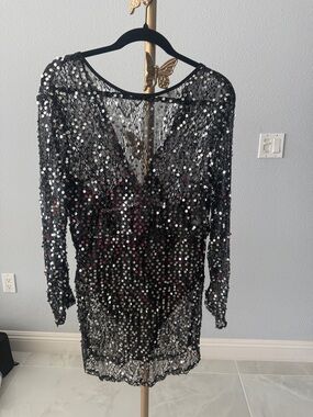 ASOS Black Long Sleeve Sequin Mesh Dress